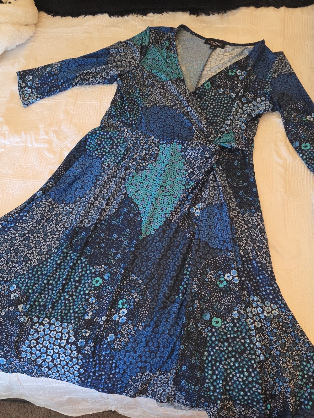Perceptions Blue Floral Wrap-Style Long Sleeve Dress